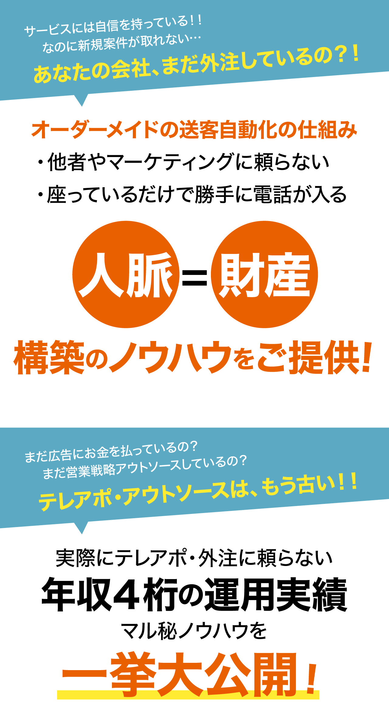 オーダーメイドの送客自動化の仕組み、人脈＝財産 構築のノウハウ提供。実際にテレアポ・外注に頼らず年収４桁の運用実績のマル秘ノウハウを一挙大公開！